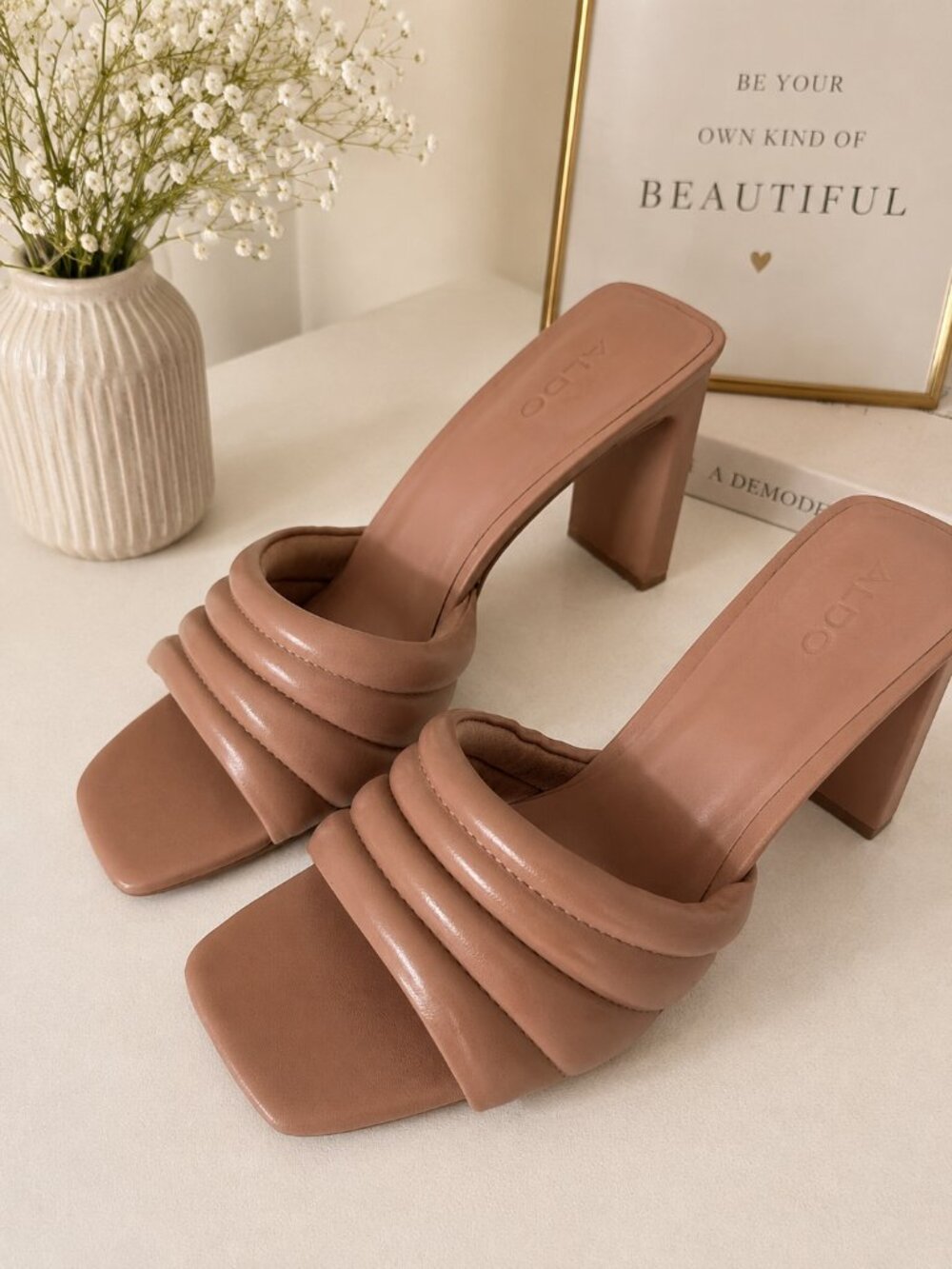 ALDO Padded Strap Heeled Mules Size 8.5 | Brown Square Toe Block Heel Sandals Ch